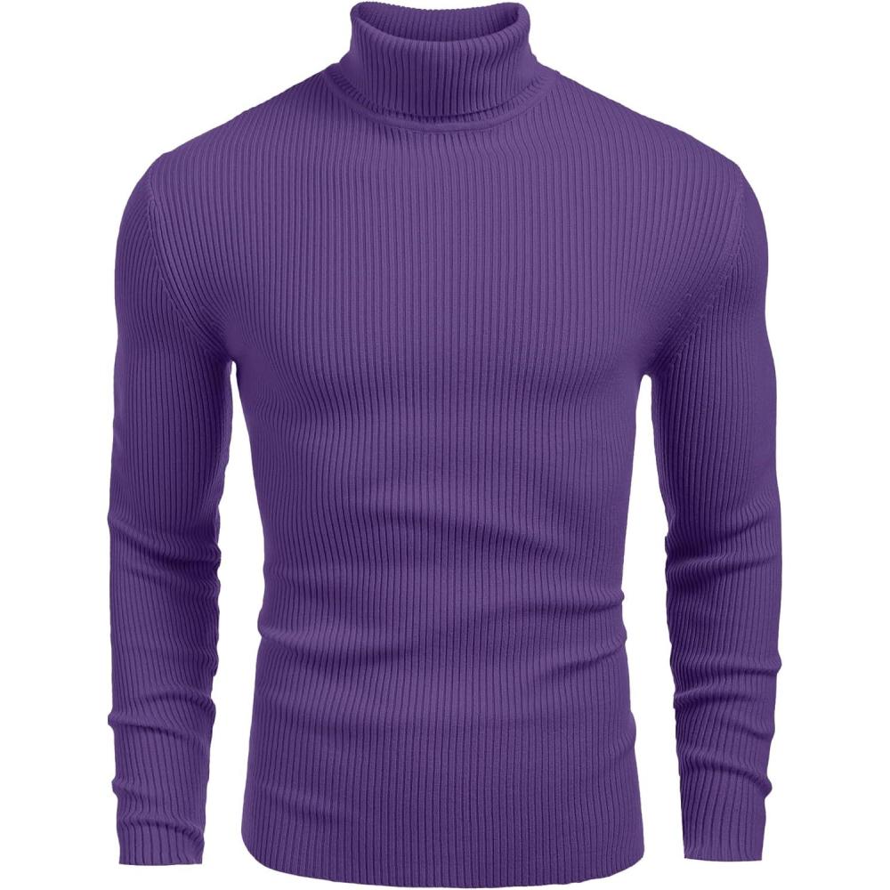 imageCOOFANDY Mens Ribbed Slim Fit Knitted Pullover Casual Turtleneck SweaterDark Purple