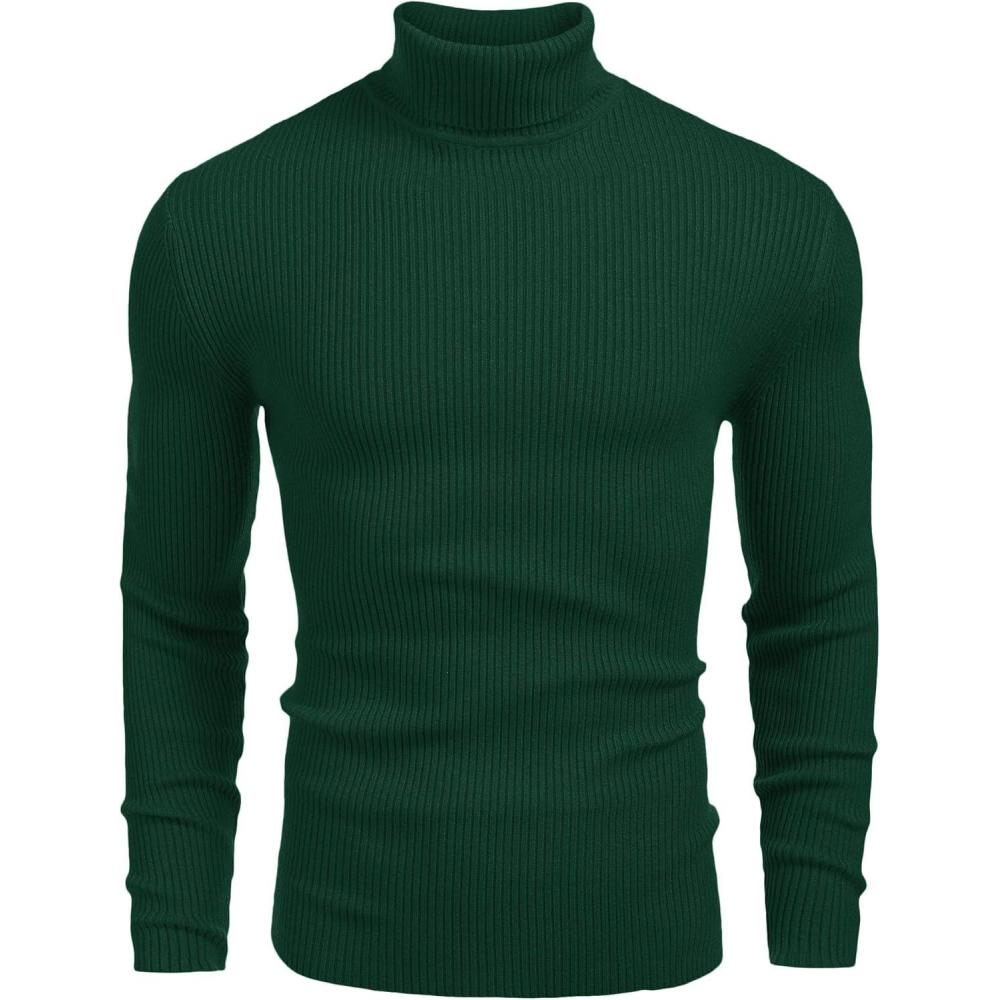 imageCOOFANDY Mens Ribbed Slim Fit Knitted Pullover Casual Turtleneck SweaterHunter Green