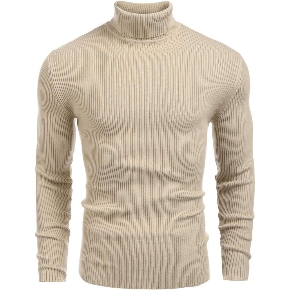 imageCOOFANDY Mens Ribbed Slim Fit Knitted Pullover Casual Turtleneck SweaterKhaki