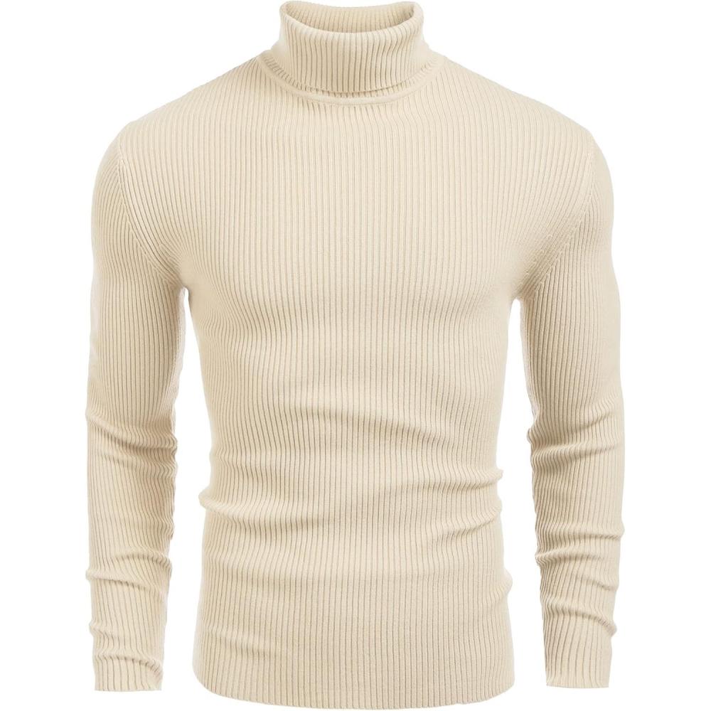 imageCOOFANDY Mens Ribbed Slim Fit Knitted Pullover Casual Turtleneck SweaterLight Apricot