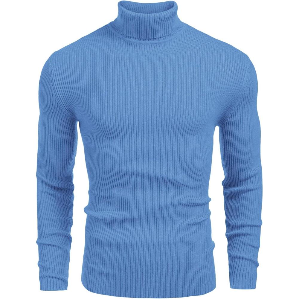 imageCOOFANDY Mens Ribbed Slim Fit Knitted Pullover Casual Turtleneck SweaterLight Blue
