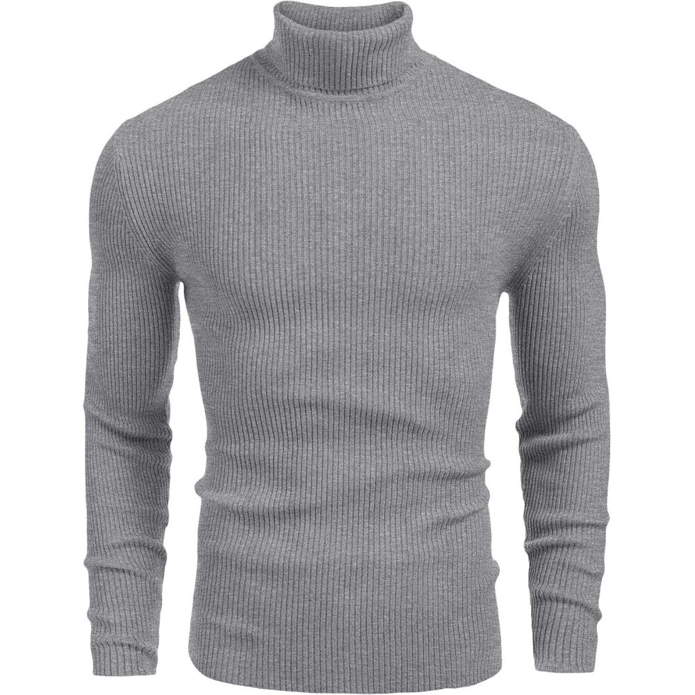 imageCOOFANDY Mens Ribbed Slim Fit Knitted Pullover Casual Turtleneck SweaterMedium Grey