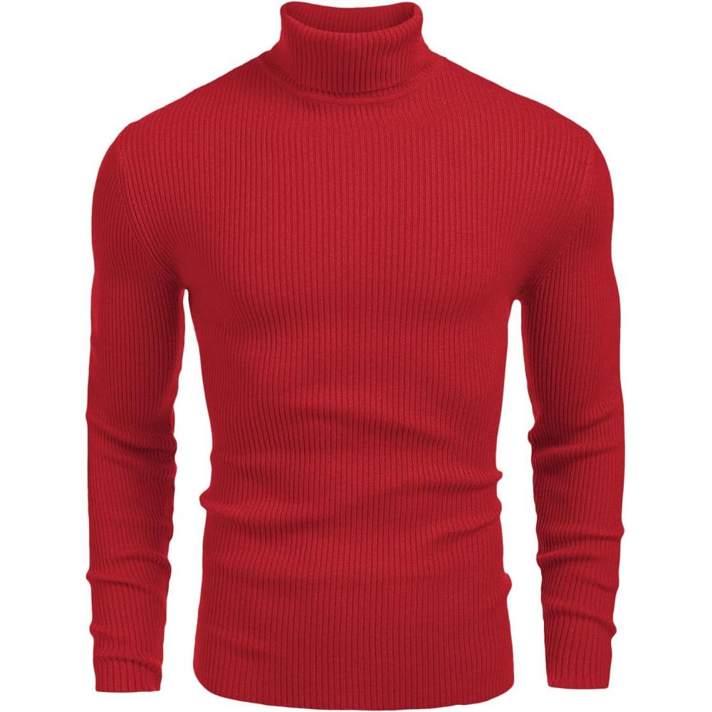 imageCOOFANDY Mens Ribbed Slim Fit Knitted Pullover Casual Turtleneck SweaterRed