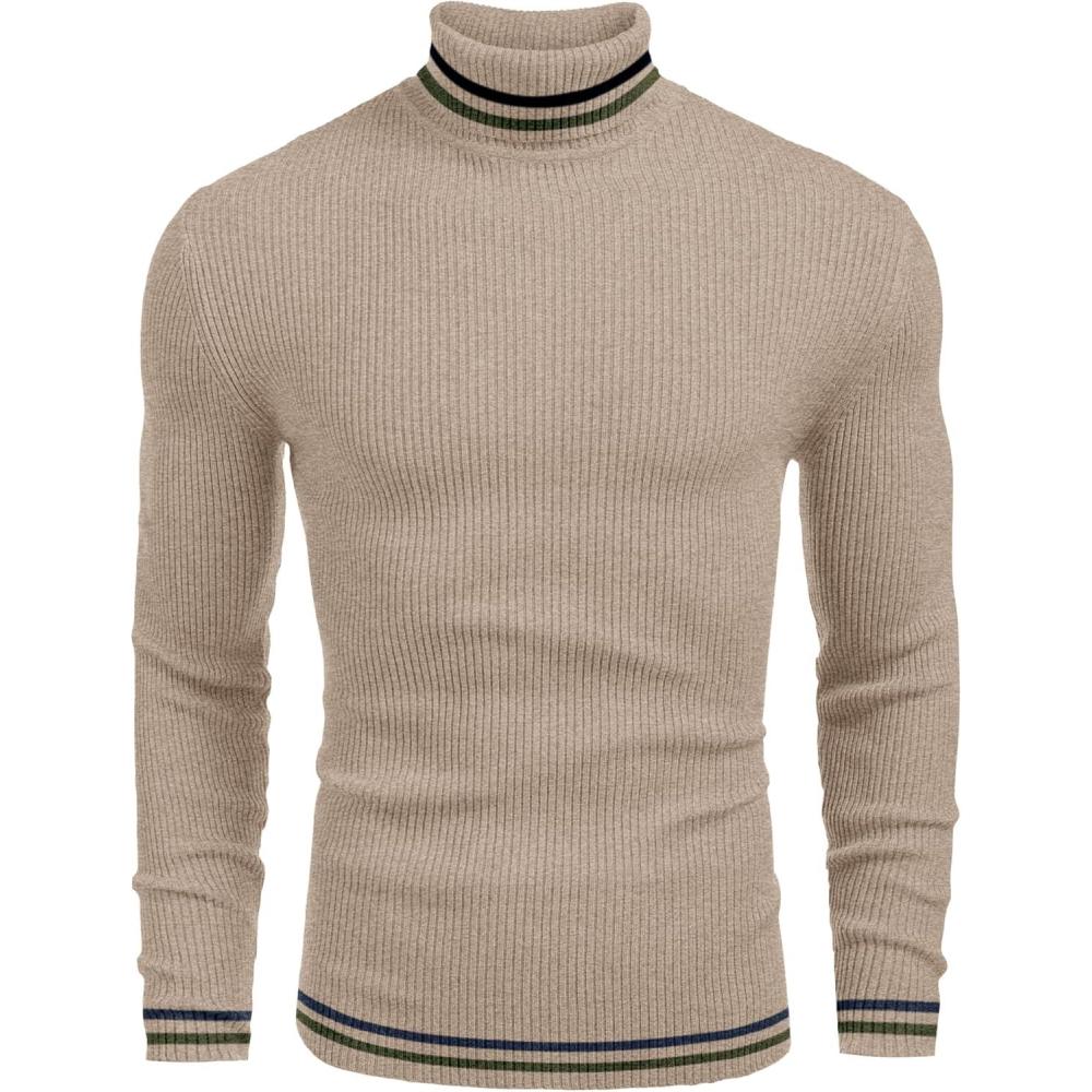 imageCOOFANDY Mens Ribbed Slim Fit Knitted Pullover Casual Turtleneck SweaterStripedblue Army Green