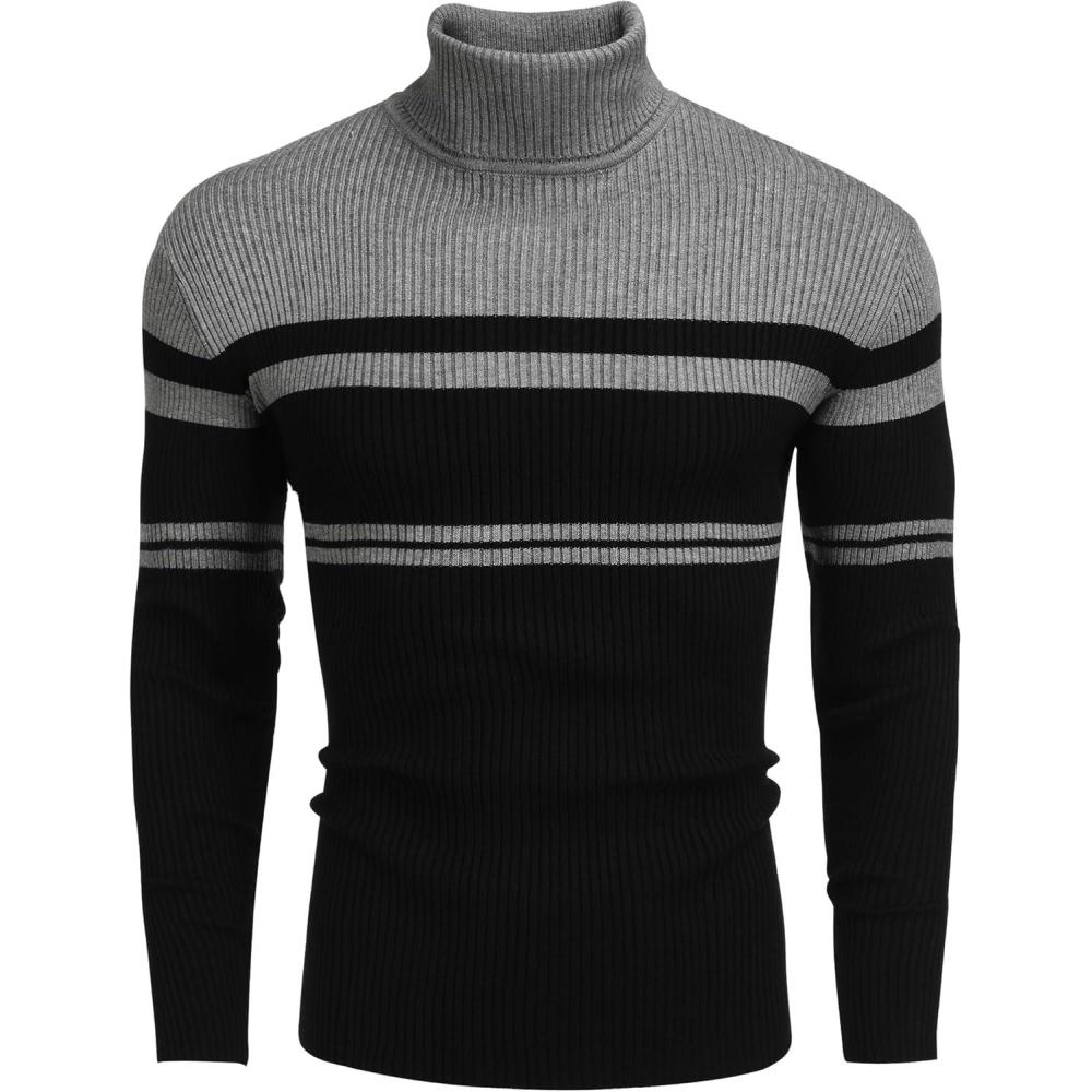 imageCOOFANDY Mens Ribbed Slim Fit Knitted Pullover Casual Turtleneck SweaterStripedgrey  Black