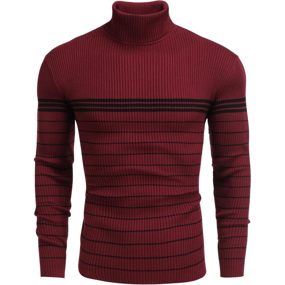 imageCOOFANDY Mens Ribbed Slim Fit Knitted Pullover Casual Turtleneck SweaterStripedred