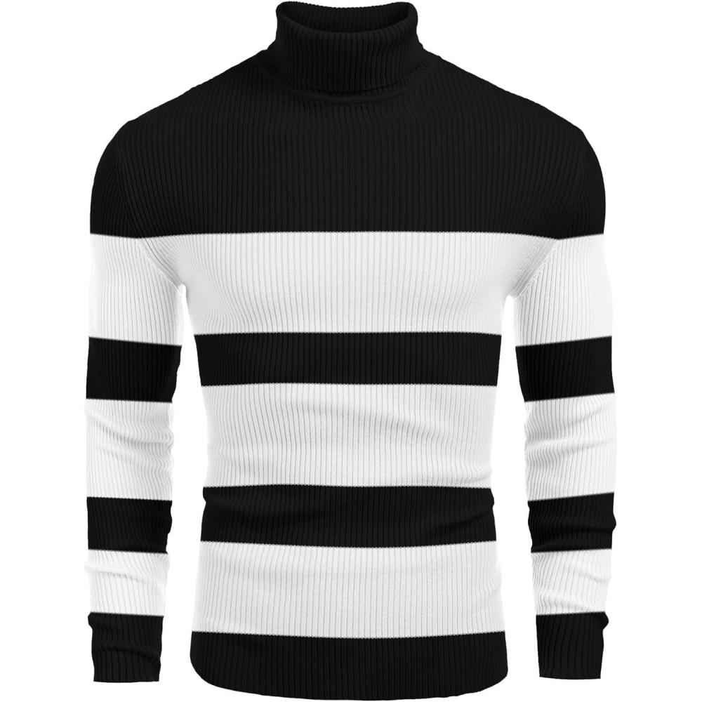 imageCOOFANDY Mens Ribbed Slim Fit Knitted Pullover Casual Turtleneck SweaterStripedwhite  Black