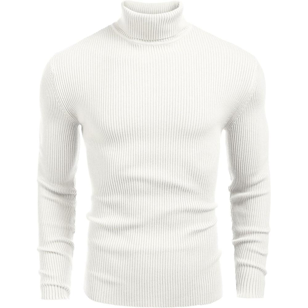 imageCOOFANDY Mens Ribbed Slim Fit Knitted Pullover Casual Turtleneck SweaterWhite