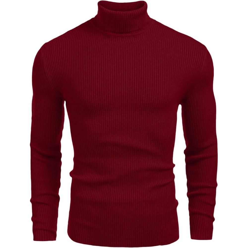 imageCOOFANDY Mens Ribbed Slim Fit Knitted Pullover Casual Turtleneck SweaterWine Red