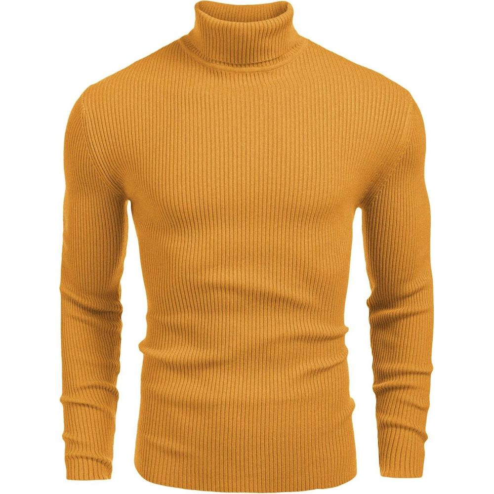 imageCOOFANDY Mens Ribbed Slim Fit Knitted Pullover Casual Turtleneck SweaterYellow