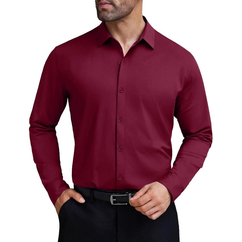 imageCOOFANDY Mens Stretch Dress Shirts Muscle Fit Wrinkle Free Long Sleeve Button Down Shirt Business Casual ShirtsDeep Red