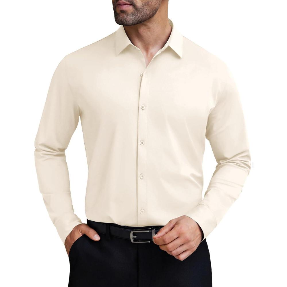 imageCOOFANDY Mens Stretch Dress Shirts Muscle Fit Wrinkle Free Long Sleeve Button Down Shirt Business Casual ShirtsLight Beige