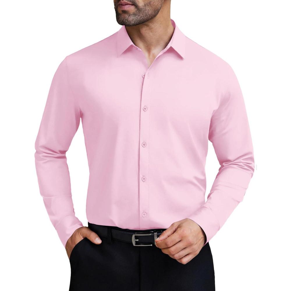 imageCOOFANDY Mens Stretch Dress Shirts Muscle Fit Wrinkle Free Long Sleeve Button Down Shirt Business Casual ShirtsLight Pink