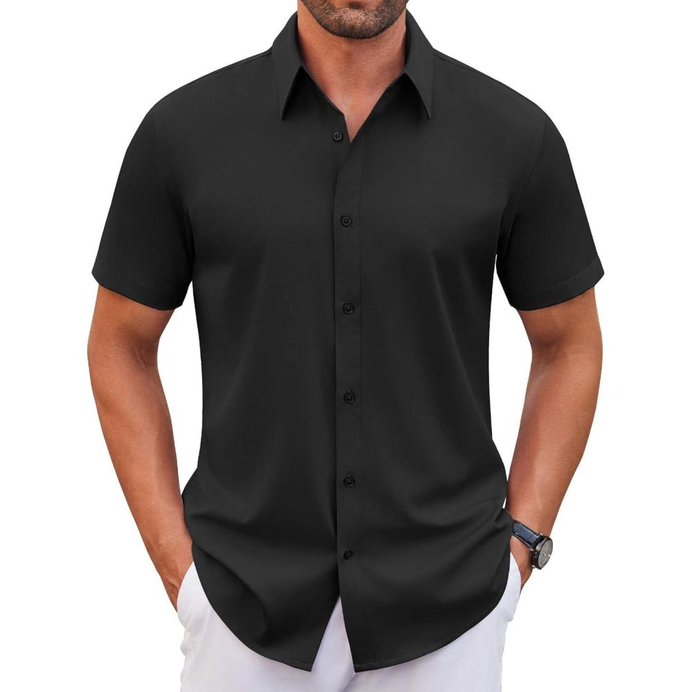 imageCOOFANDY Mens Stretch Dress Shirts Short Sleeve Wrinkle Free Casual Button Down ShirtsBlack