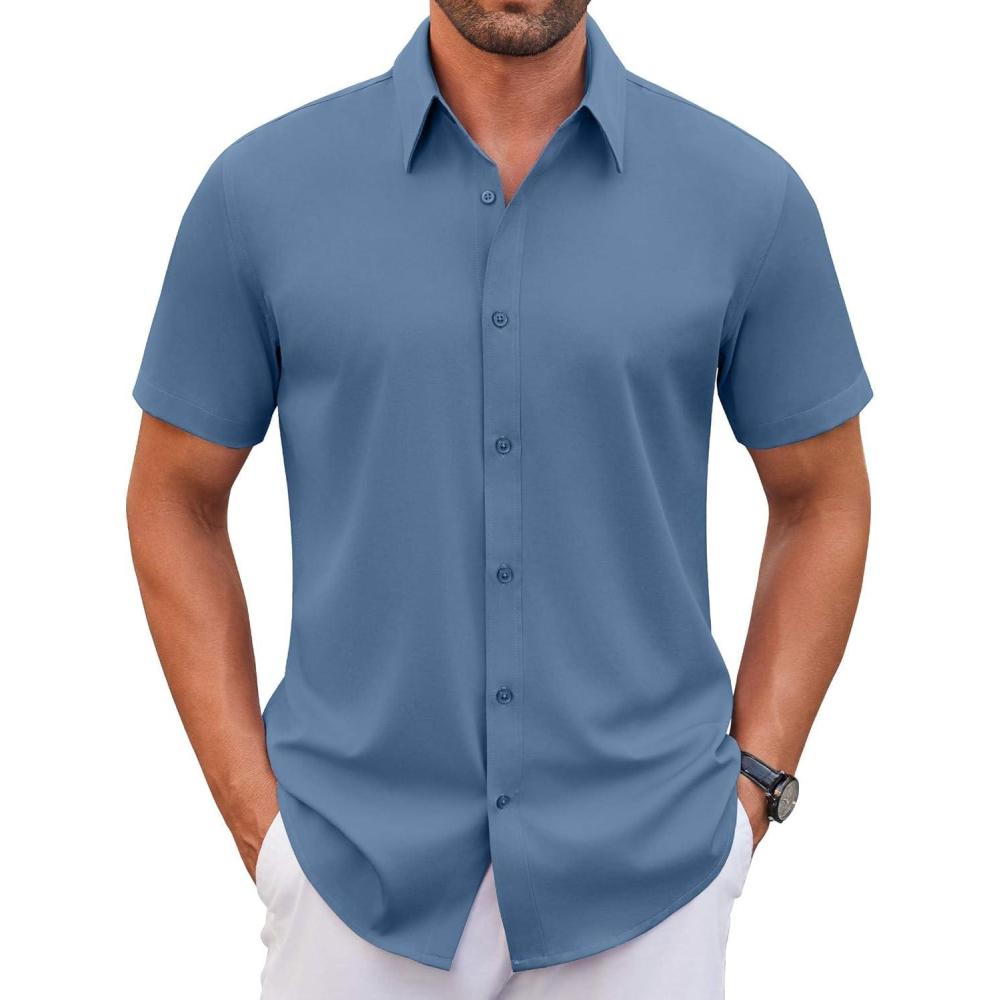 imageCOOFANDY Mens Stretch Dress Shirts Short Sleeve Wrinkle Free Casual Button Down ShirtsGrayish Blue