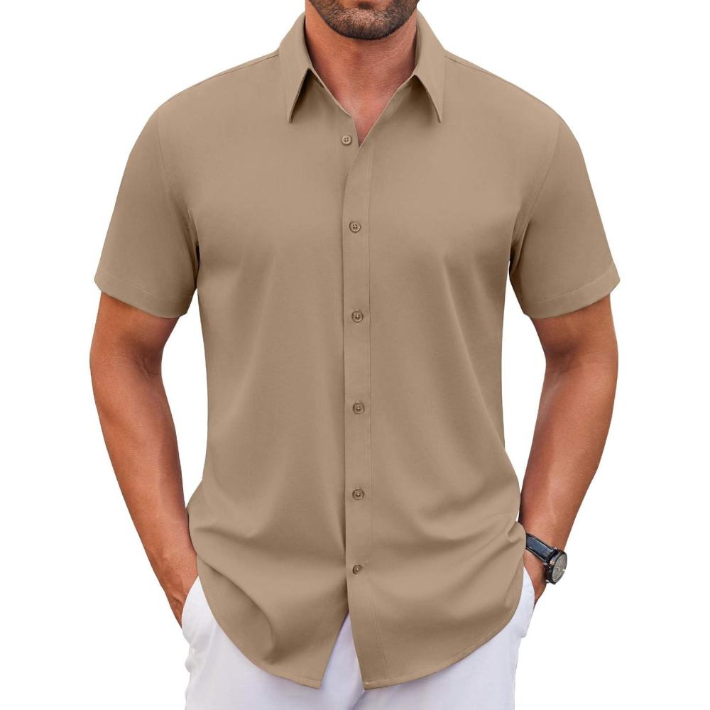 imageCOOFANDY Mens Stretch Dress Shirts Short Sleeve Wrinkle Free Casual Button Down ShirtsKhaki