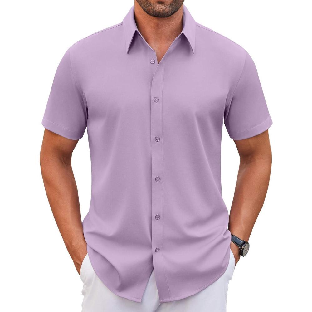 imageCOOFANDY Mens Stretch Dress Shirts Short Sleeve Wrinkle Free Casual Button Down ShirtsLavender