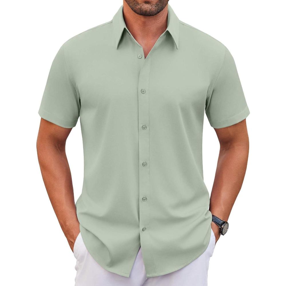 imageCOOFANDY Mens Stretch Dress Shirts Short Sleeve Wrinkle Free Casual Button Down ShirtsLight Green