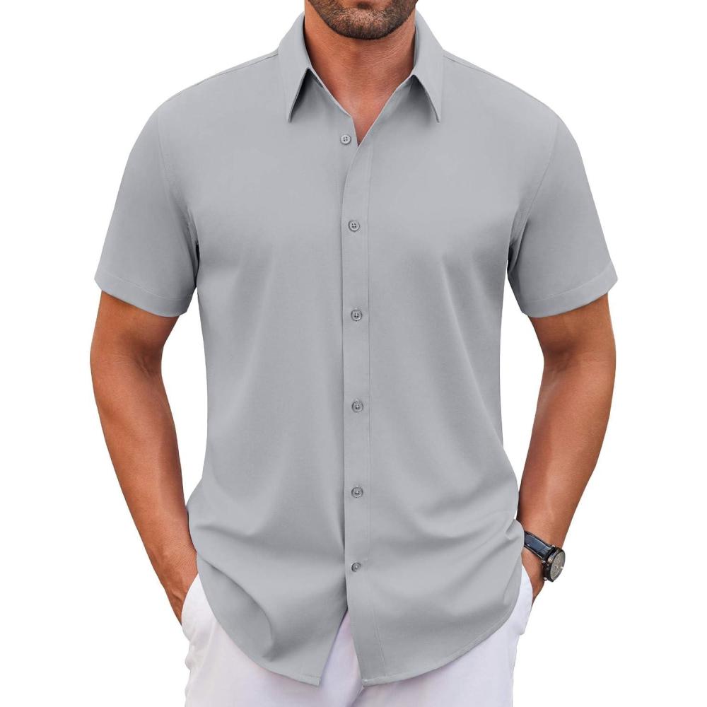 imageCOOFANDY Mens Stretch Dress Shirts Short Sleeve Wrinkle Free Casual Button Down ShirtsLight Grey