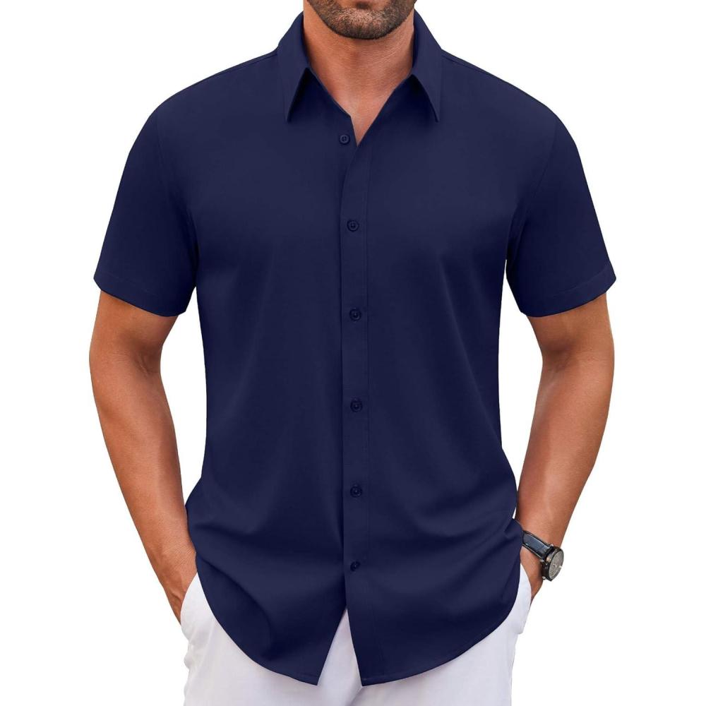 imageCOOFANDY Mens Stretch Dress Shirts Short Sleeve Wrinkle Free Casual Button Down ShirtsMidnight Blue