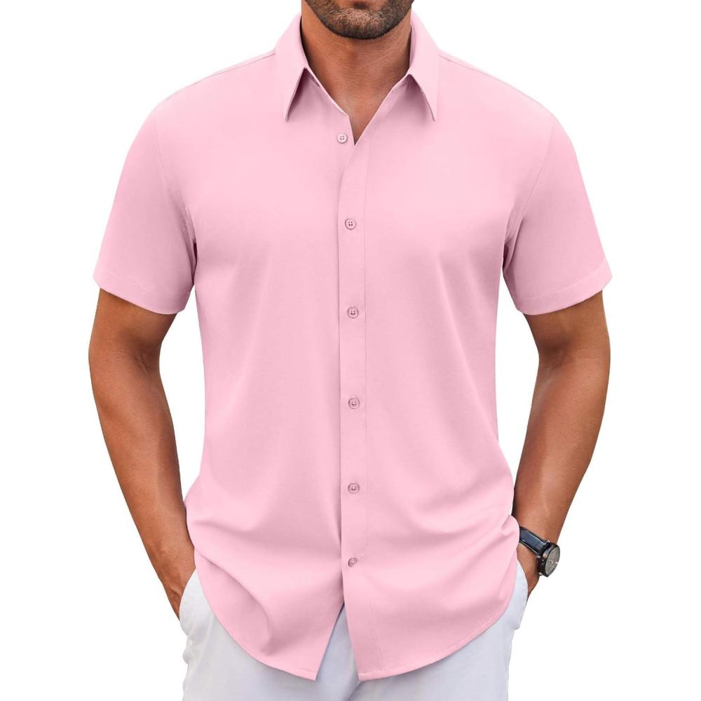 imageCOOFANDY Mens Stretch Dress Shirts Short Sleeve Wrinkle Free Casual Button Down ShirtsPink