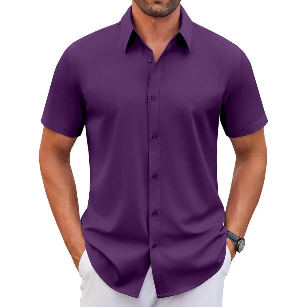 imageCOOFANDY Mens Stretch Dress Shirts Short Sleeve Wrinkle Free Casual Button Down ShirtsPurple