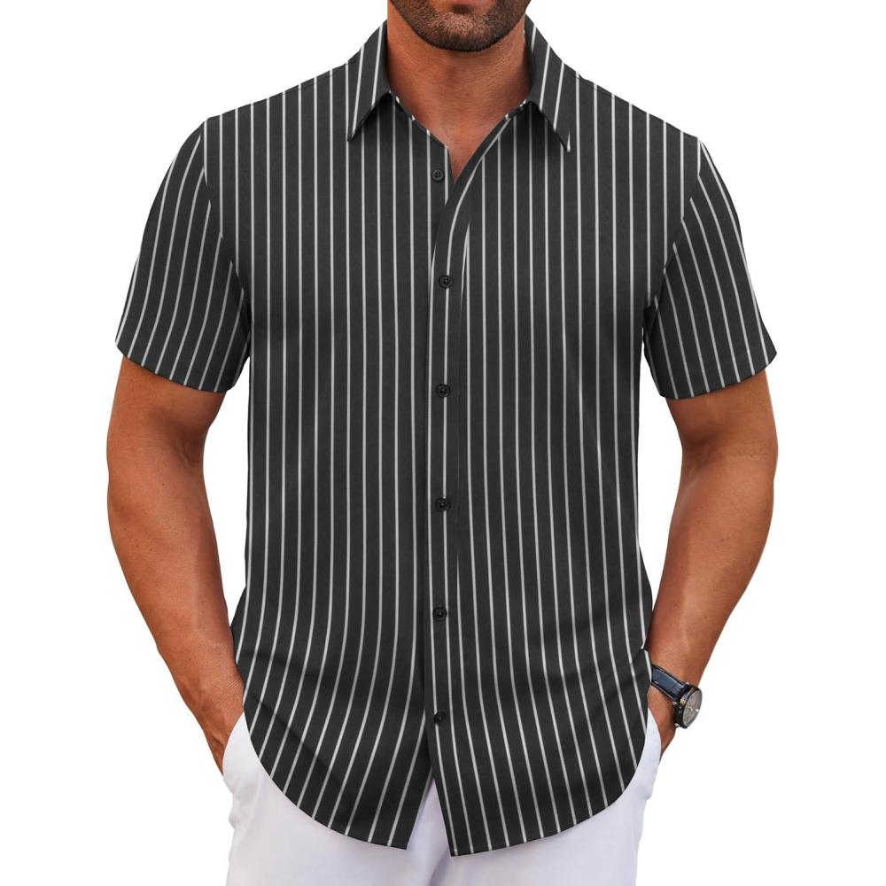 imageCOOFANDY Mens Stretch Dress Shirts Short Sleeve Wrinkle Free Casual Button Down ShirtsStripe