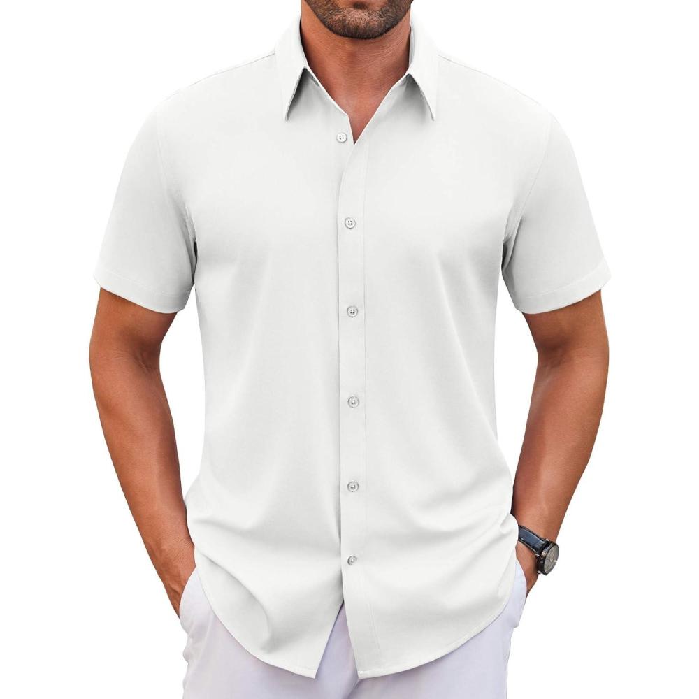 imageCOOFANDY Mens Stretch Dress Shirts Short Sleeve Wrinkle Free Casual Button Down ShirtsWhite