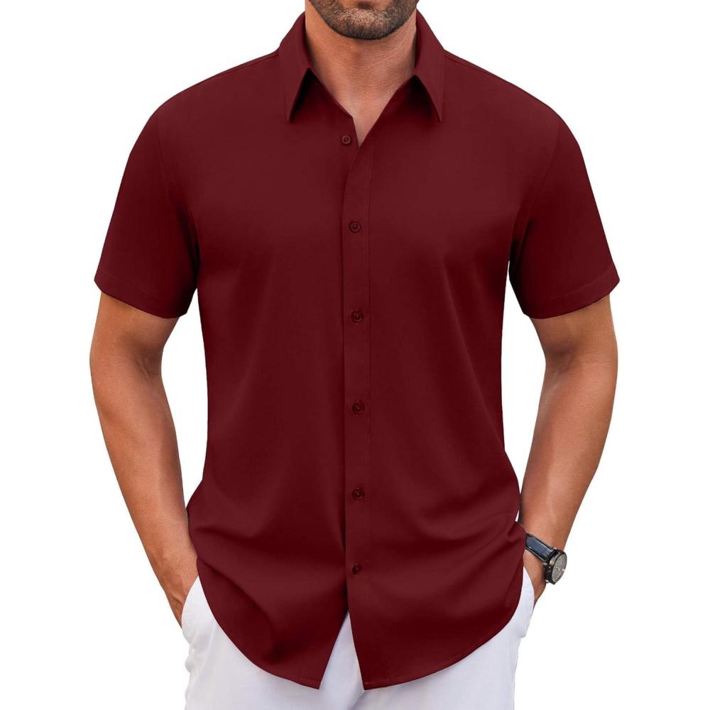 imageCOOFANDY Mens Stretch Dress Shirts Short Sleeve Wrinkle Free Casual Button Down ShirtsWine Red