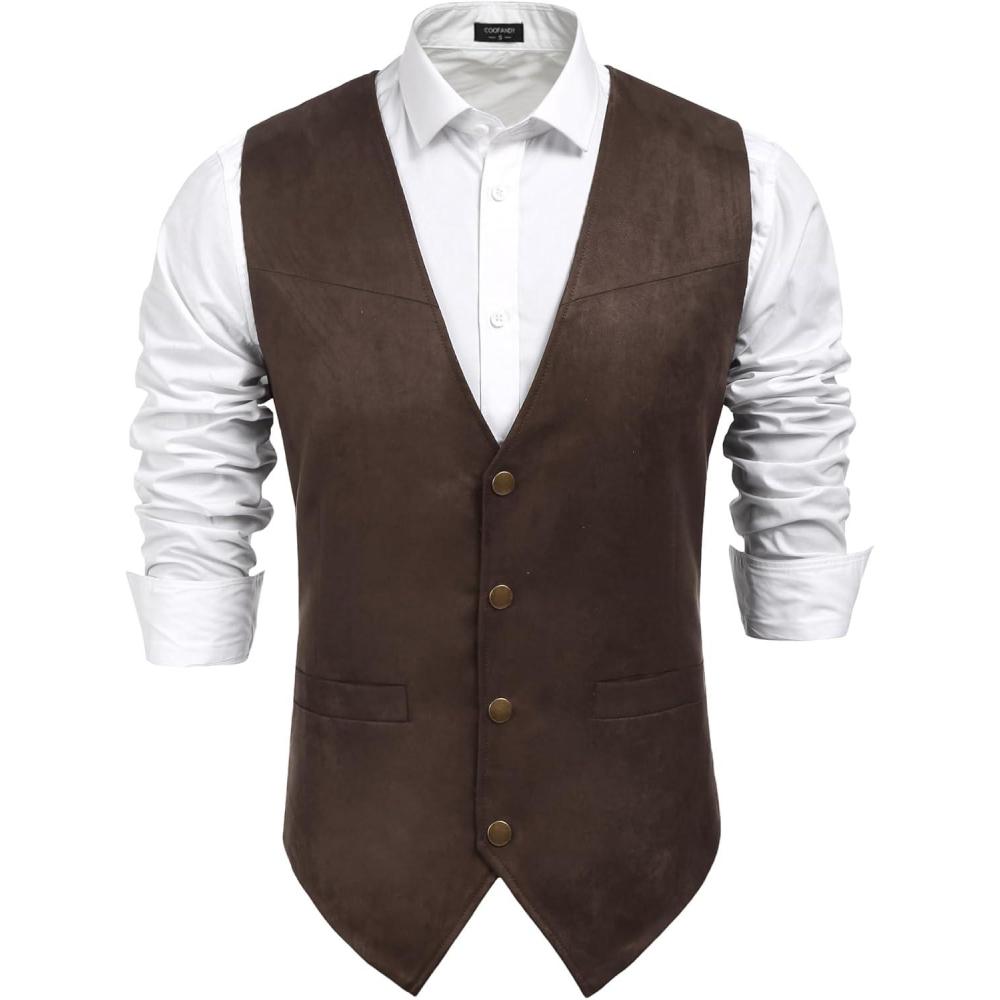 imageCOOFANDY Mens Suede Leather Vest Cowboy Western Waistcoat Casual Slim Fit Suit Vest01coffe