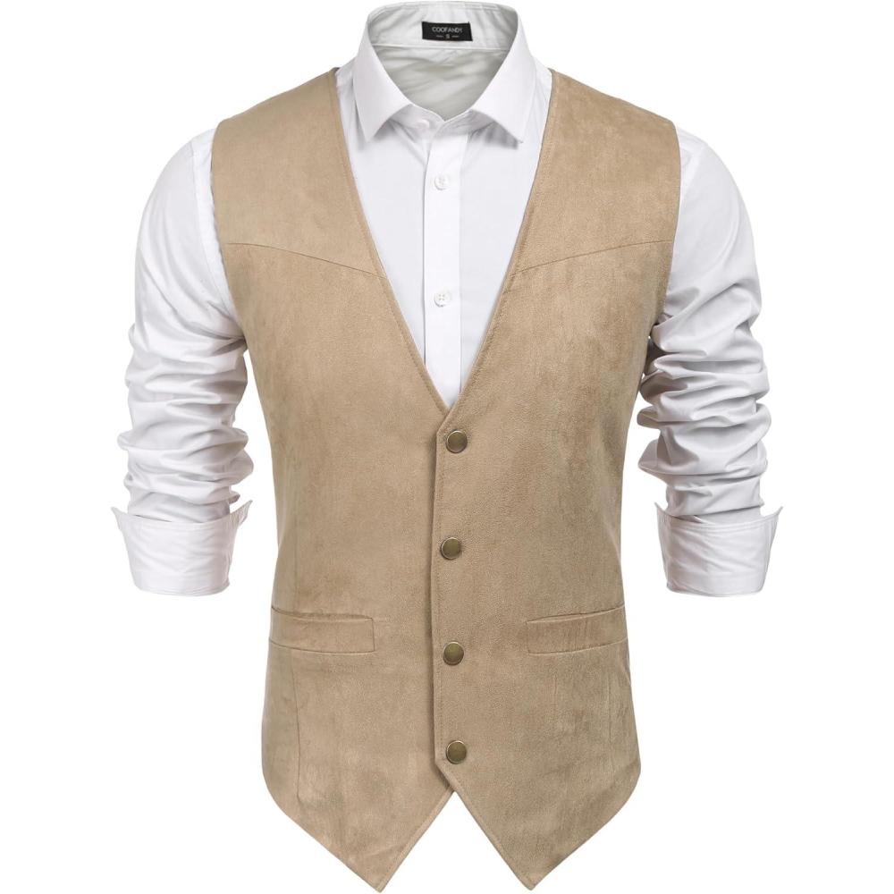 imageCOOFANDY Mens Suede Leather Vest Cowboy Western Waistcoat Casual Slim Fit Suit VestBeige