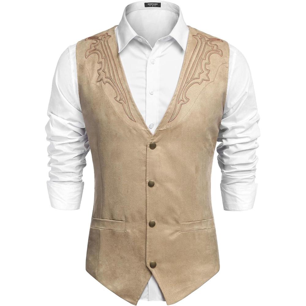 imageCOOFANDY Mens Suede Leather Vest Cowboy Western Waistcoat Casual Slim Fit Suit VestBeige With Pattern
