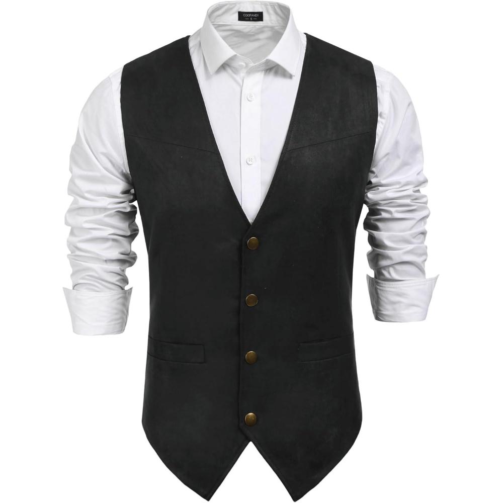 imageCOOFANDY Mens Suede Leather Vest Cowboy Western Waistcoat Casual Slim Fit Suit VestBlack