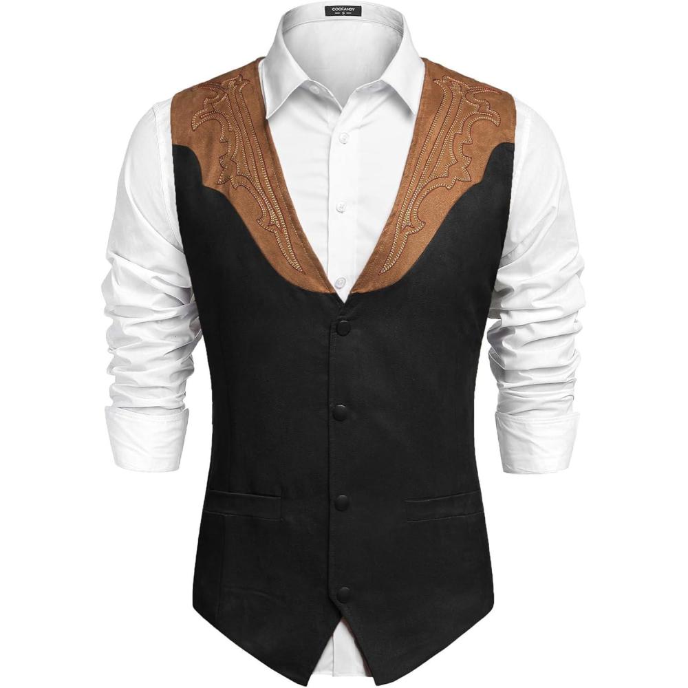 imageCOOFANDY Mens Suede Leather Vest Cowboy Western Waistcoat Casual Slim Fit Suit VestBlack Khakiwith Pattern
