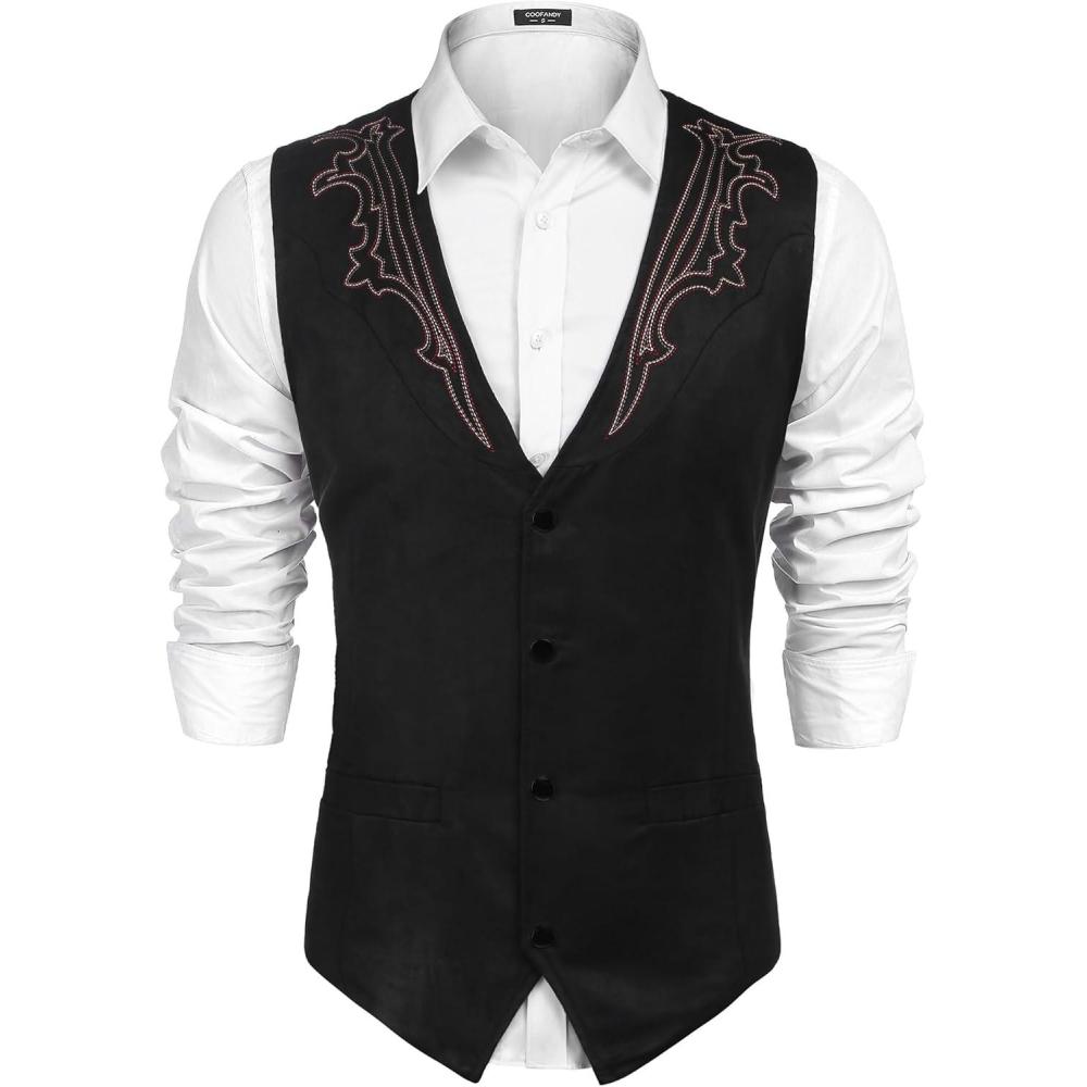 imageCOOFANDY Mens Suede Leather Vest Cowboy Western Waistcoat Casual Slim Fit Suit VestBlack With Pattern