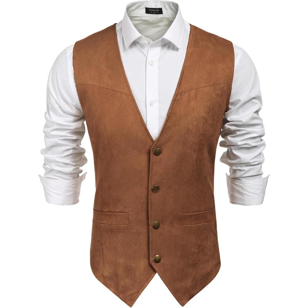 imageCOOFANDY Mens Suede Leather Vest Cowboy Western Waistcoat Casual Slim Fit Suit VestBrown