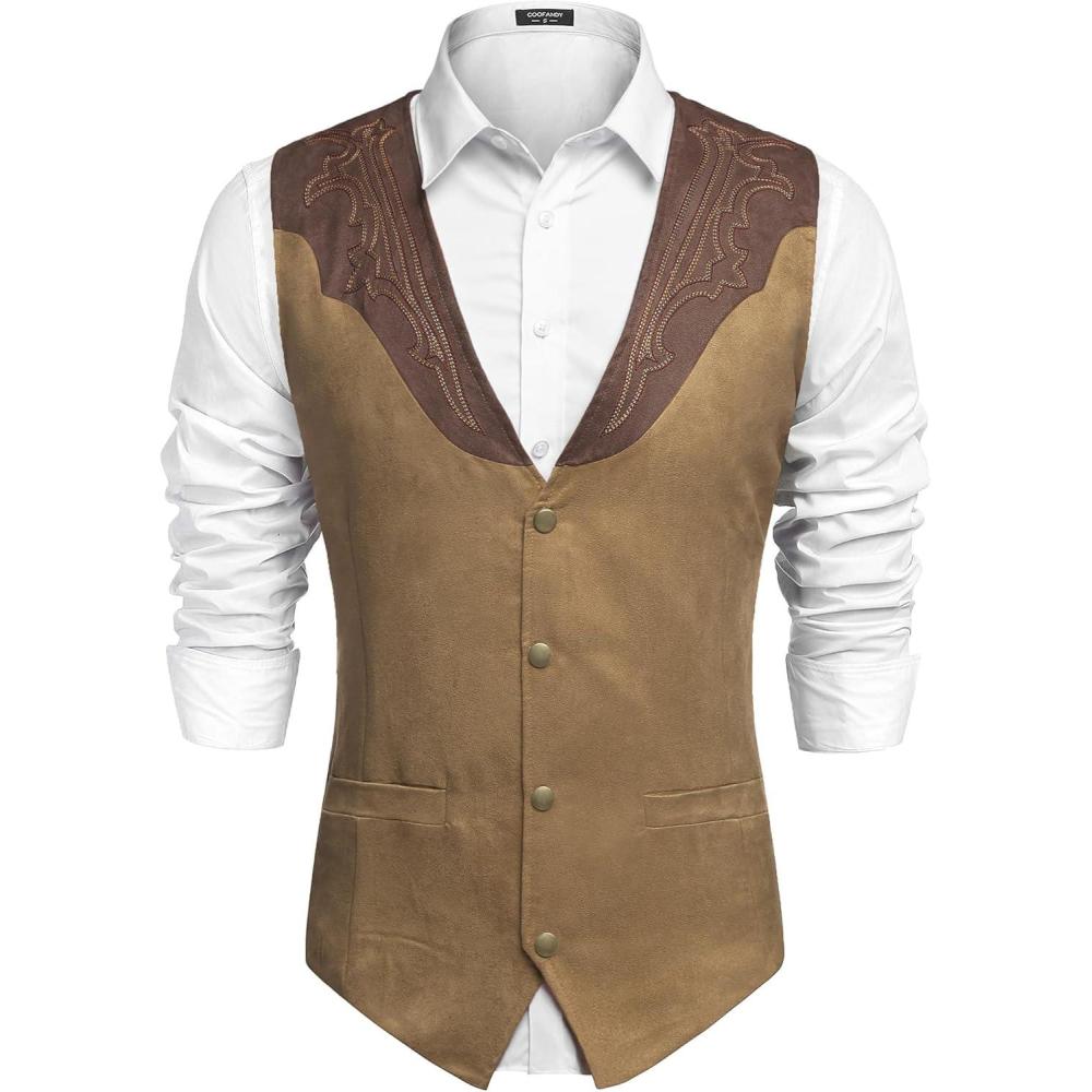 imageCOOFANDY Mens Suede Leather Vest Cowboy Western Waistcoat Casual Slim Fit Suit VestCoffekhakiwith Pattern