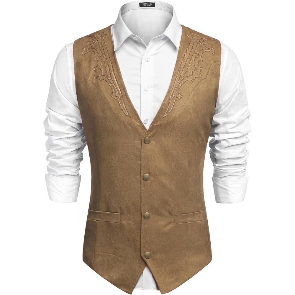 imageCOOFANDY Mens Suede Leather Vest Cowboy Western Waistcoat Casual Slim Fit Suit VestKhaki With Pattern