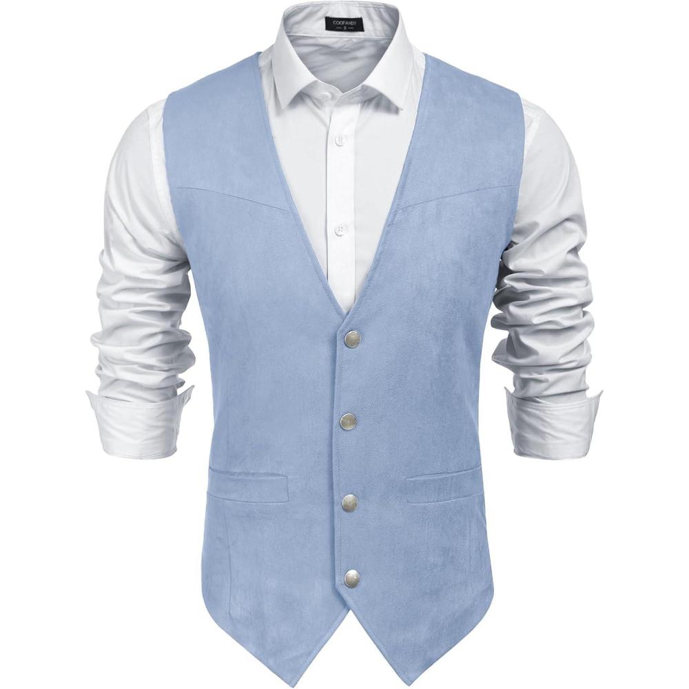 imageCOOFANDY Mens Suede Leather Vest Cowboy Western Waistcoat Casual Slim Fit Suit VestLight Blue