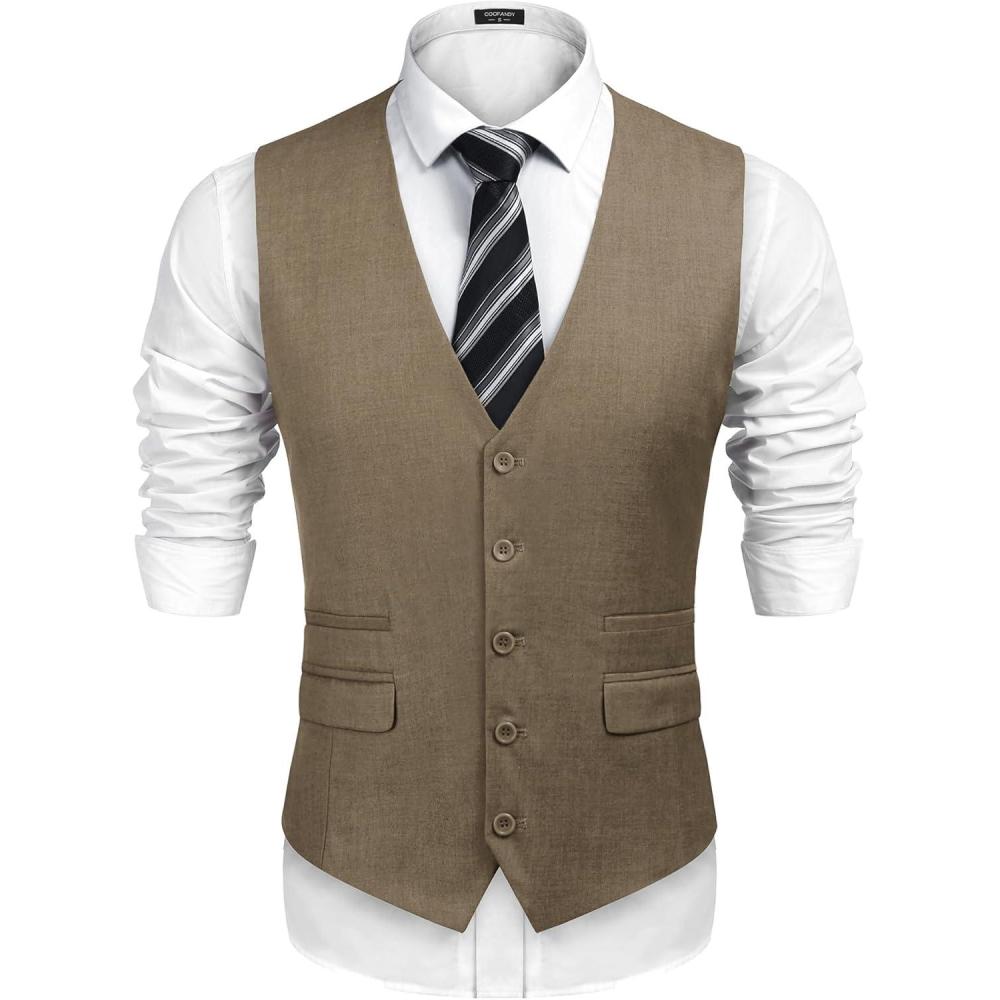 imageCOOFANDY Mens Suit Vest Formal Dress Vest Slim Fit Buesiness WeddingKhaki