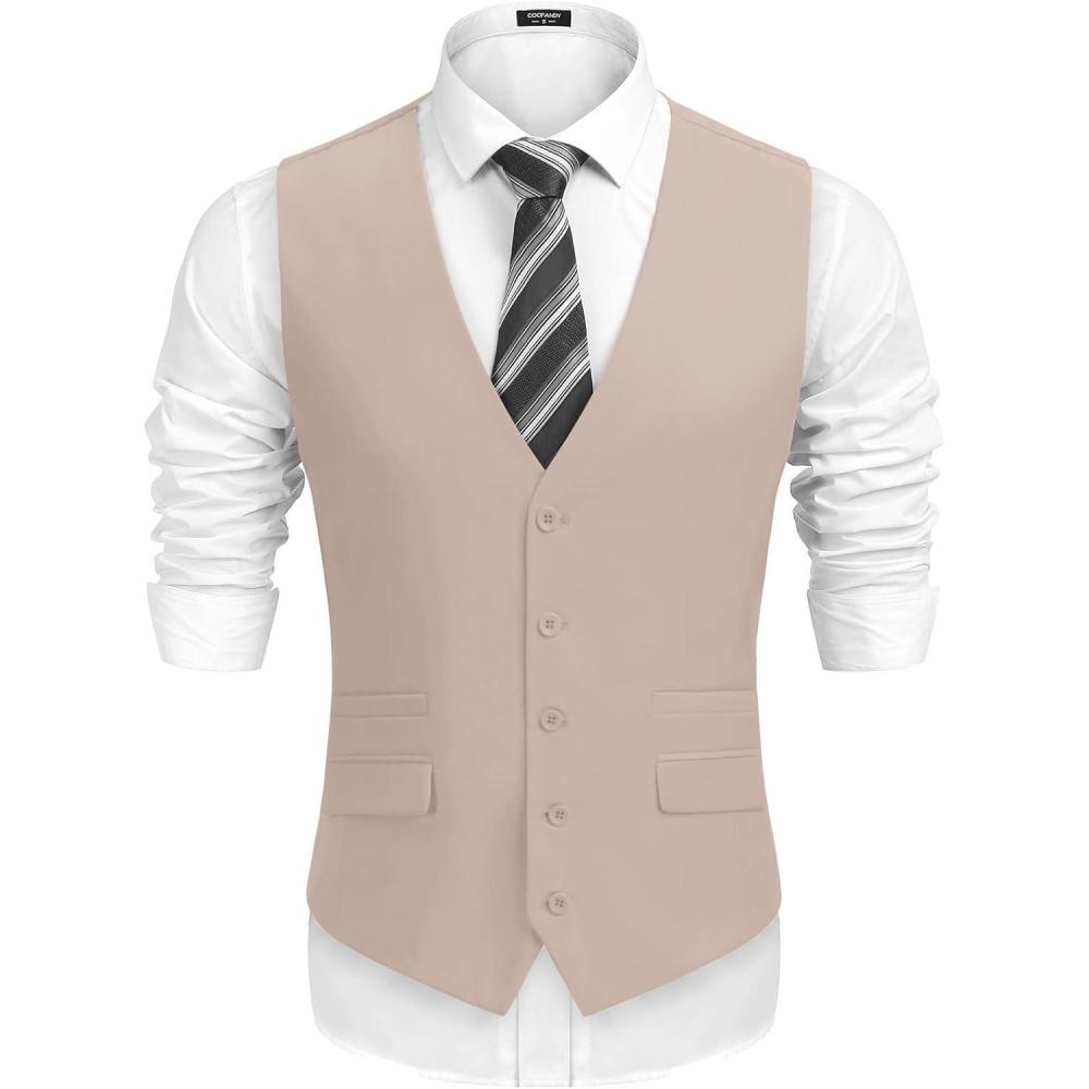 imageCOOFANDY Mens Suit Vest Formal Dress Vest Slim Fit Buesiness WeddingLight Khaki