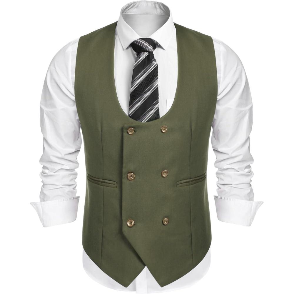 imageCOOFANDY Mens Suit Vest Slim Fit Double Breasted Dress Vest Casual Business Formal WaistcoatArmy Green