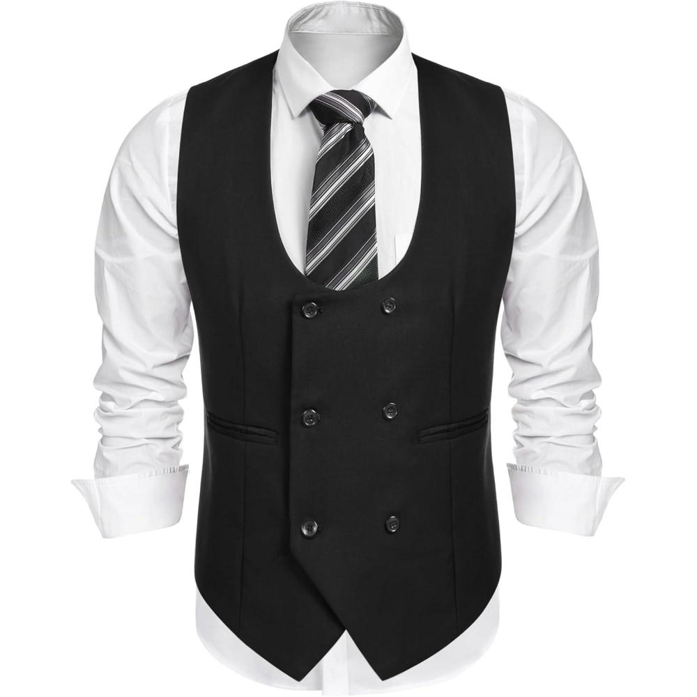 imageCOOFANDY Mens Suit Vest Slim Fit Double Breasted Dress Vest Casual Business Formal WaistcoatBlack