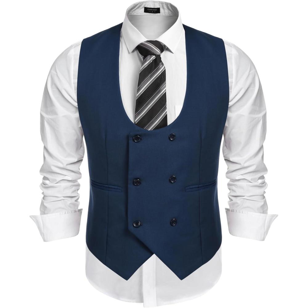 imageCOOFANDY Mens Suit Vest Slim Fit Double Breasted Dress Vest Casual Business Formal WaistcoatBlue