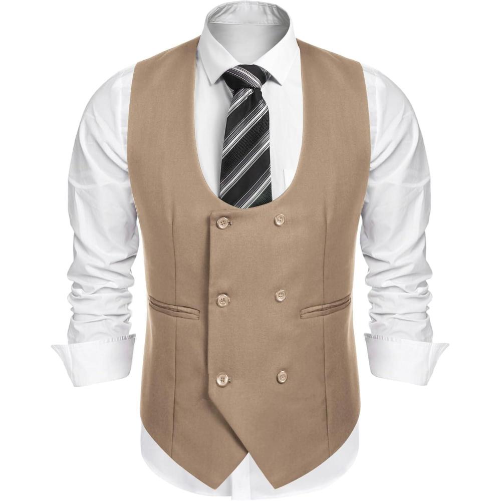 imageCOOFANDY Mens Suit Vest Slim Fit Double Breasted Dress Vest Casual Business Formal WaistcoatKhaki