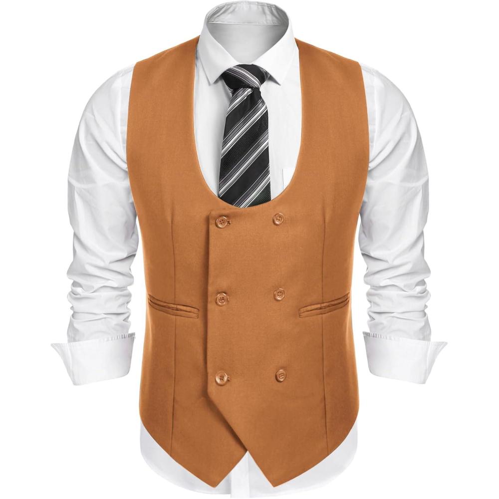 imageCOOFANDY Mens Suit Vest Slim Fit Double Breasted Dress Vest Casual Business Formal WaistcoatLight Brown
