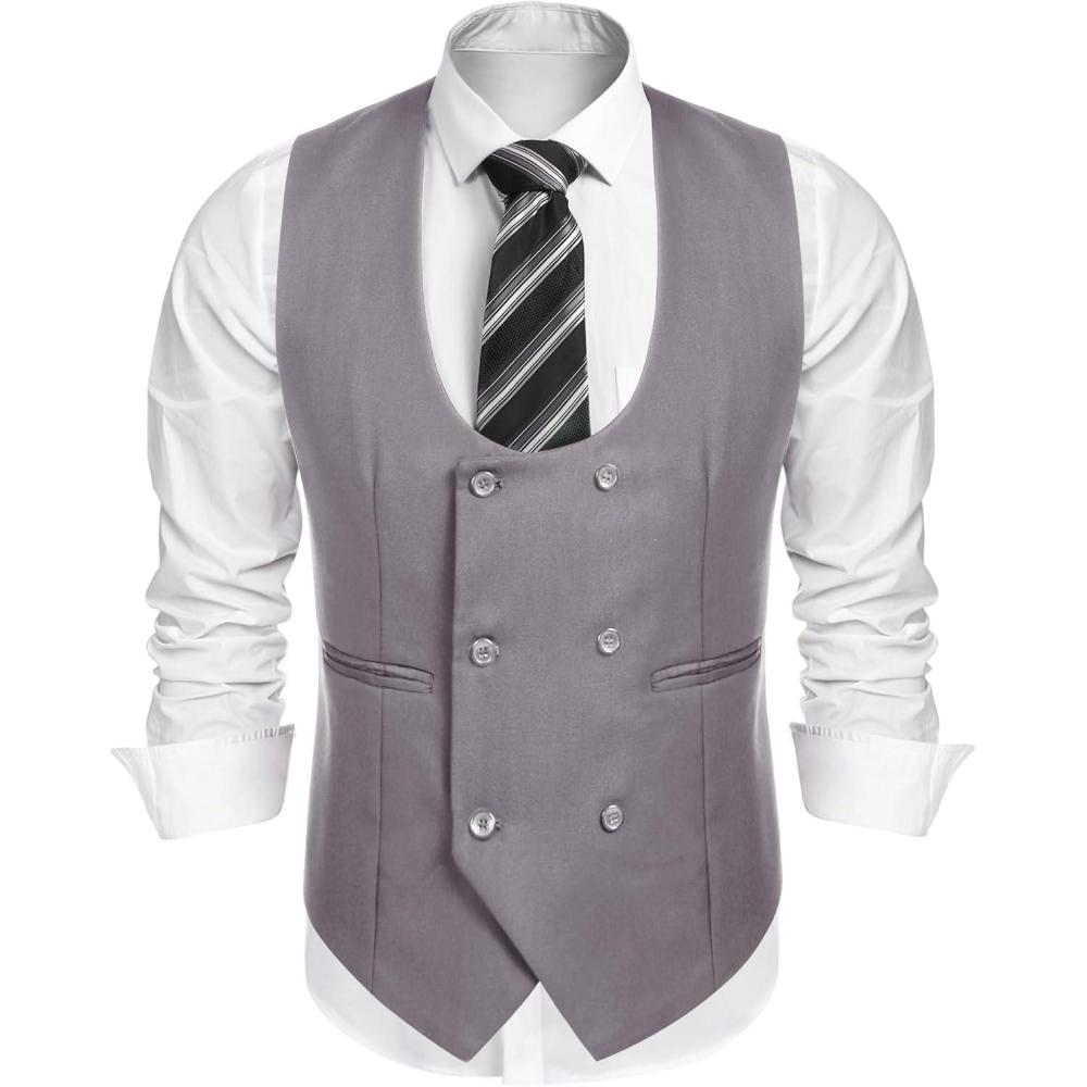 imageCOOFANDY Mens Suit Vest Slim Fit Double Breasted Dress Vest Casual Business Formal WaistcoatLight Grey