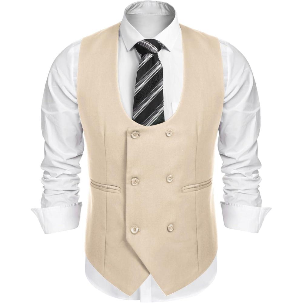 imageCOOFANDY Mens Suit Vest Slim Fit Double Breasted Dress Vest Casual Business Formal WaistcoatLight Khaki