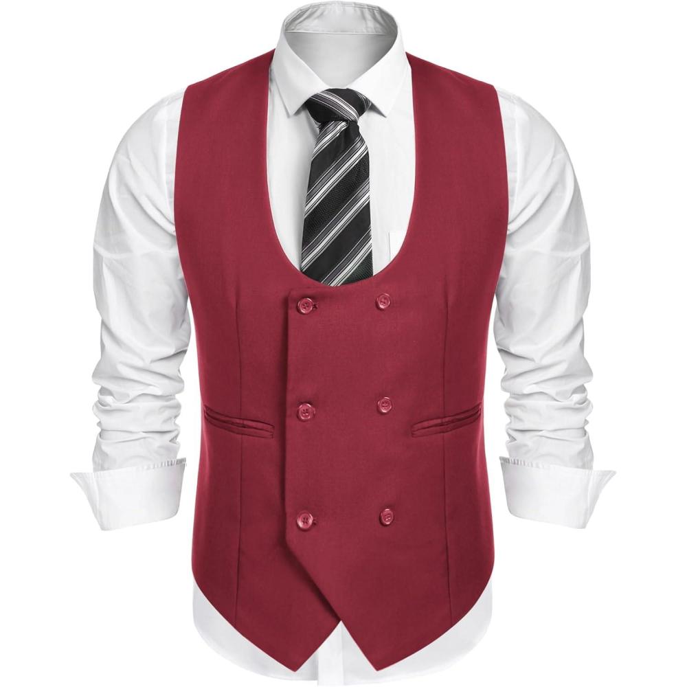 imageCOOFANDY Mens Suit Vest Slim Fit Double Breasted Dress Vest Casual Business Formal WaistcoatRed