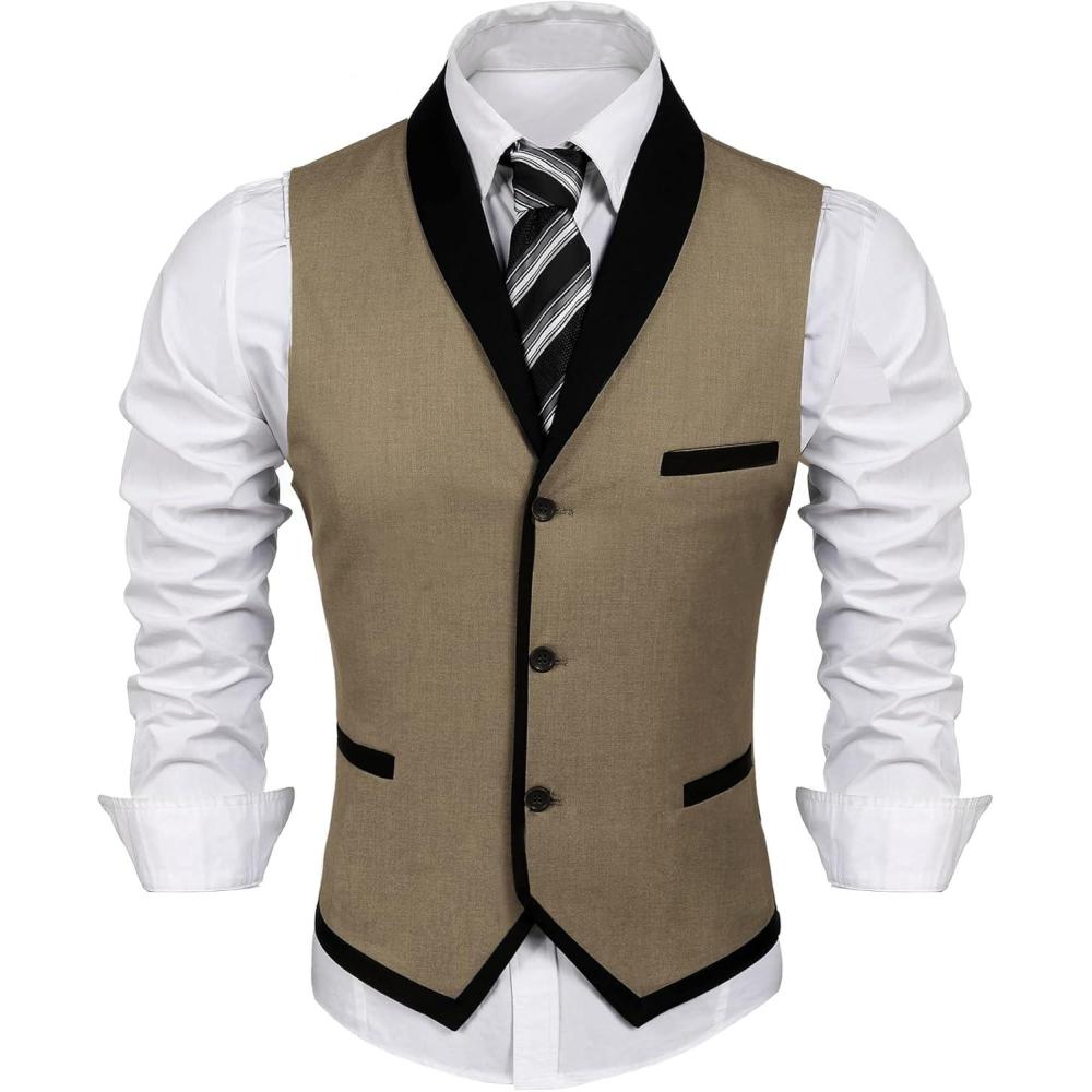 imageCOOFANDY Mens Suit Vest Slim Fit Formal Business Dress Vest Casual Wedding WaistcoatKhaki